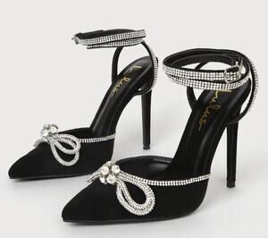 NWOT Lulus Lullie Black Rhinestone Bow Ankle Wrap Stiletto Heels Pumps Glam, 8